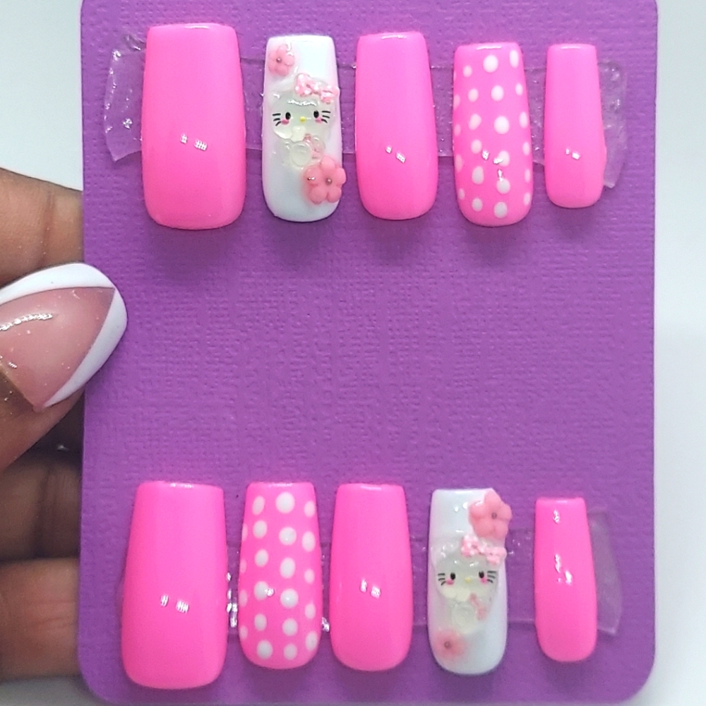 Pink Hello Kitty Polka Dot Nails